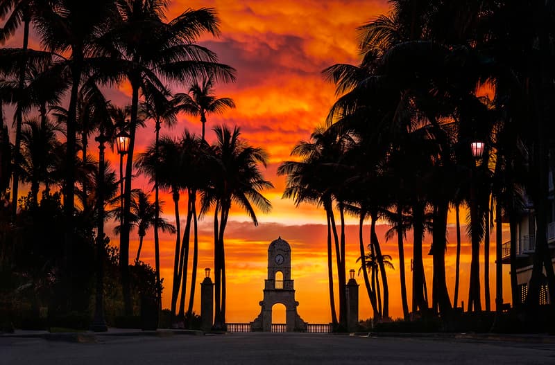 The Palm Beach Clock Tower on Worth Avenue at sunset